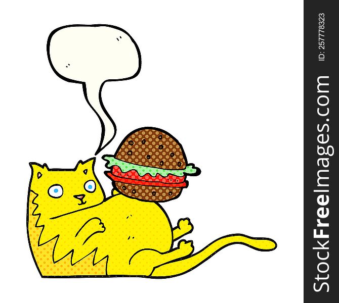 Comic Book Speech Bubble Cartoon Fat Cat With Burger