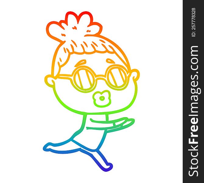 Rainbow Gradient Line Drawing Cartoon Woman Wearing Sunglasses