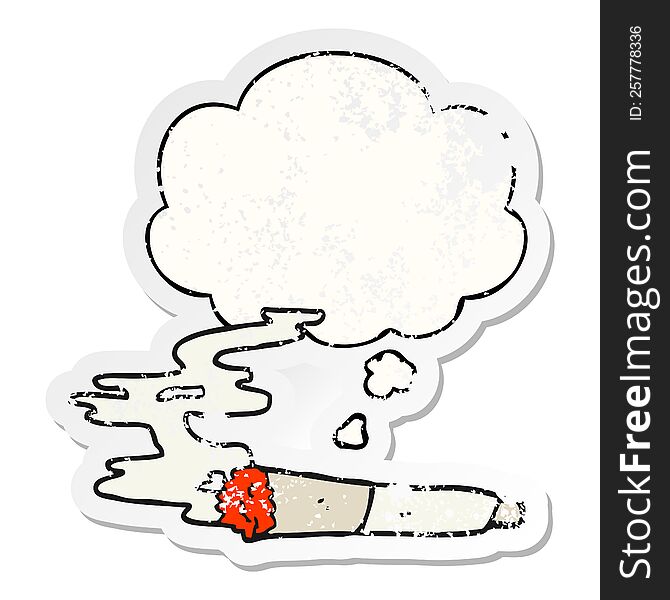 cartoon cigarette with thought bubble as a distressed worn sticker