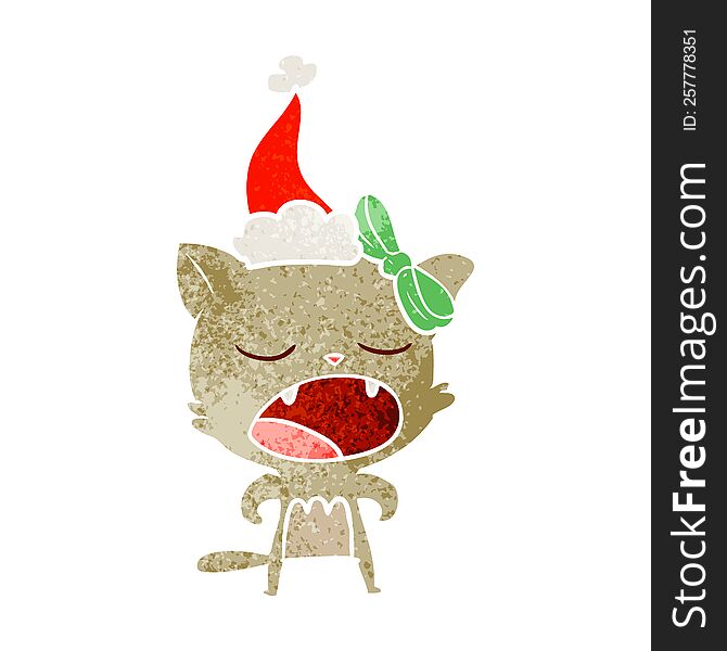 Retro Cartoon Of A Cat Meowing Wearing Santa Hat