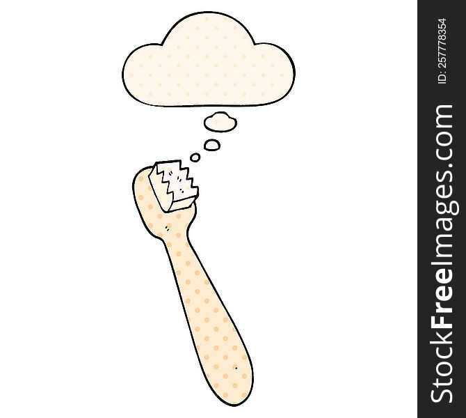 cartoon toothbrush with thought bubble in comic book style