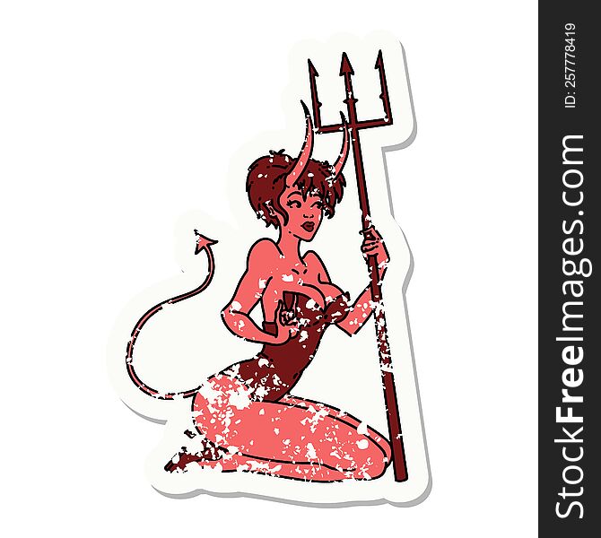 distressed sticker tattoo of a pinup devil girl