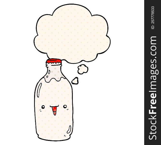 Cute Cartoon Milk Bottle And Thought Bubble In Comic Book Style