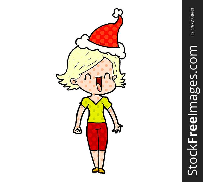 hand drawn comic book style illustration of a happy woman wearing santa hat