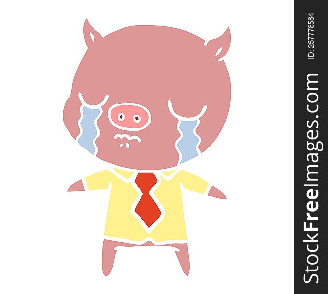 Flat Color Style Cartoon Pig Crying Wearing Shirt And Tie