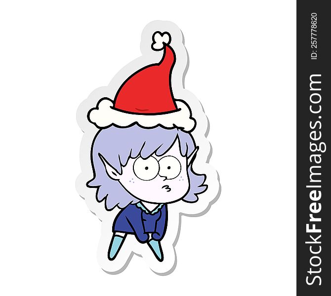 Sticker Cartoon Of A Elf Girl Staring And Crouching Wearing Santa Hat