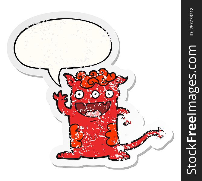 cartoon halloween monster with speech bubble distressed distressed old sticker. cartoon halloween monster with speech bubble distressed distressed old sticker