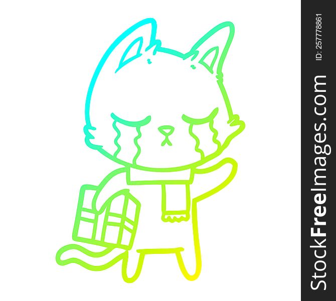 cold gradient line drawing of a crying cartoon cat holding christmas present