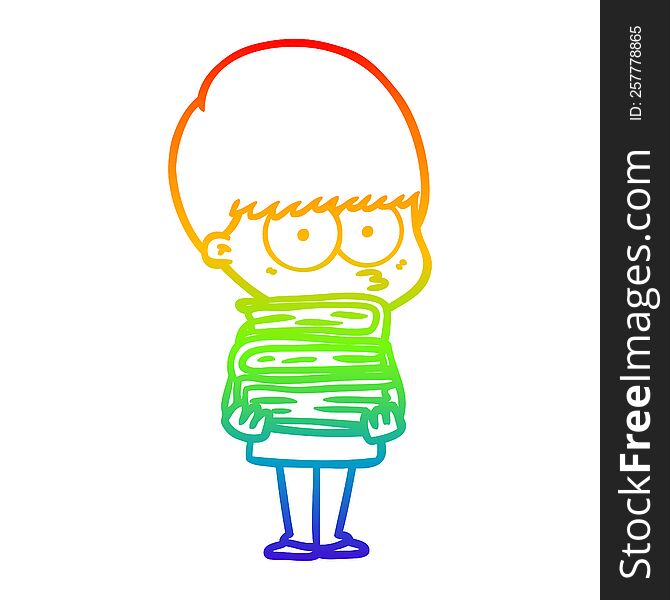 rainbow gradient line drawing of a nervous cartoon boy carrying books