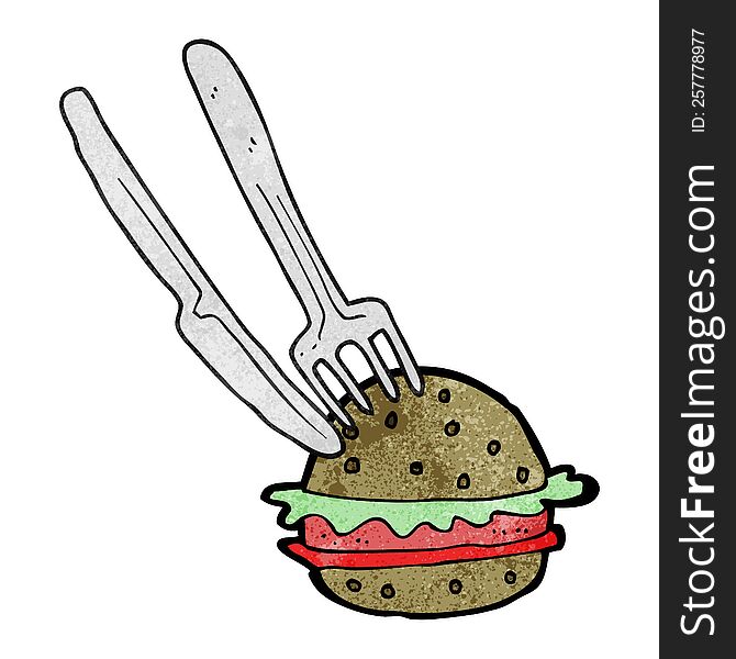 freehand textured cartoon knife and fork cutting burger. freehand textured cartoon knife and fork cutting burger