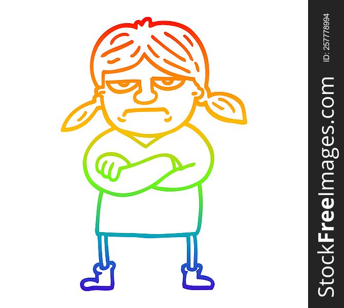 rainbow gradient line drawing of a cartoon grumpy girl
