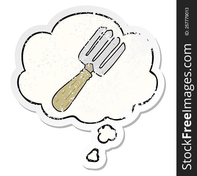 cartoon fork with thought bubble as a distressed worn sticker