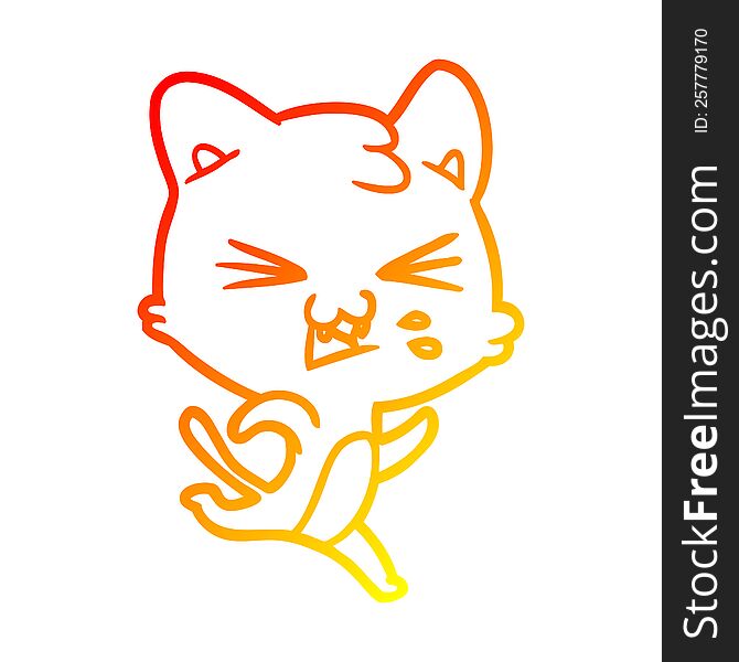 warm gradient line drawing of a cartoon cat hissing