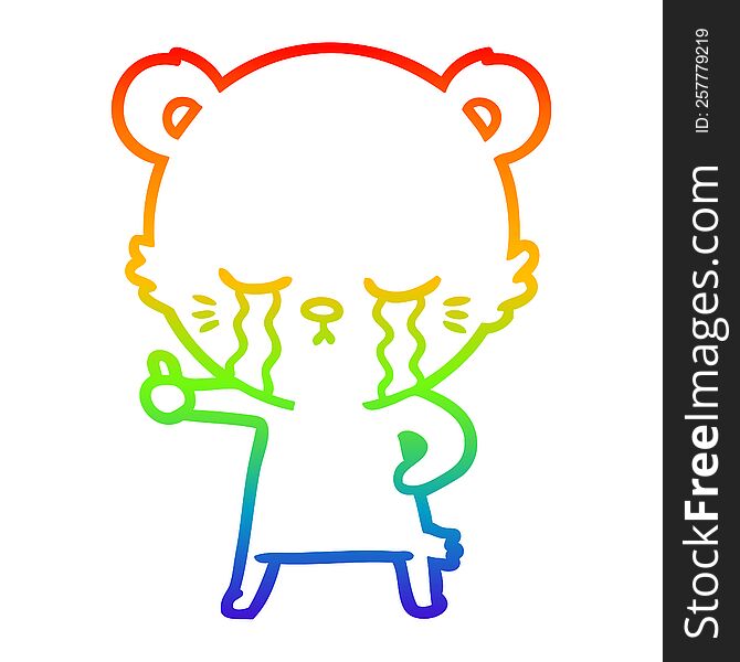 rainbow gradient line drawing of a crying cartoon bear giving thumbs up