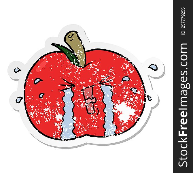 Distressed Sticker Of A Cartoon Apple Crying