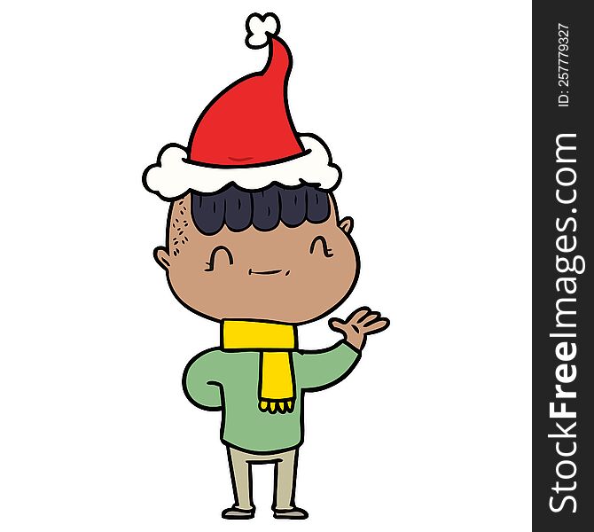 hand drawn line drawing of a friendly boy wearing santa hat