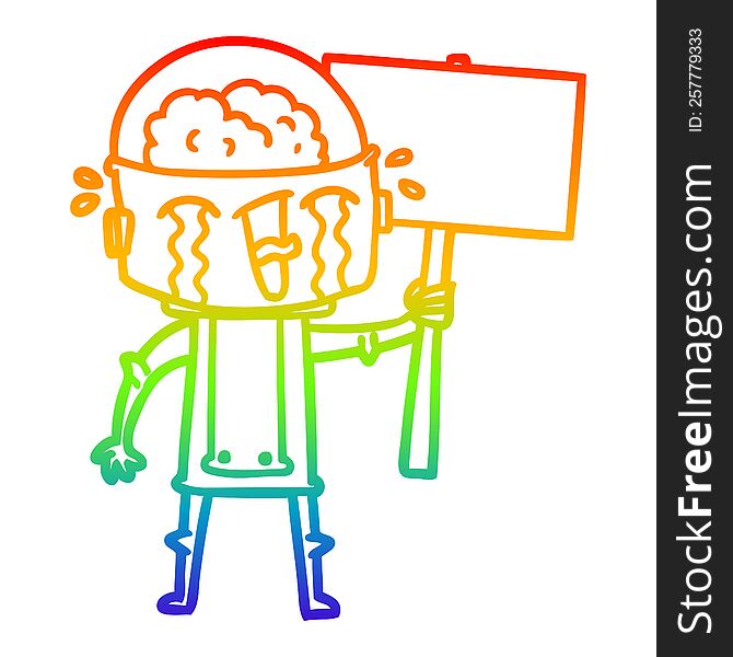 Rainbow Gradient Line Drawing Cartoon Crying Robot Waving Sign