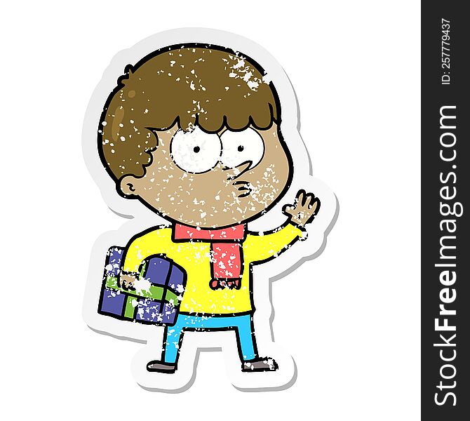 Distressed Sticker Of A Cartoon Curious Boy Carrying A Gift