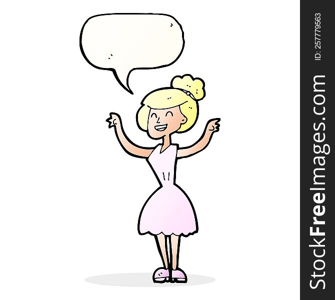 cartoon woman with raised arms with speech bubble