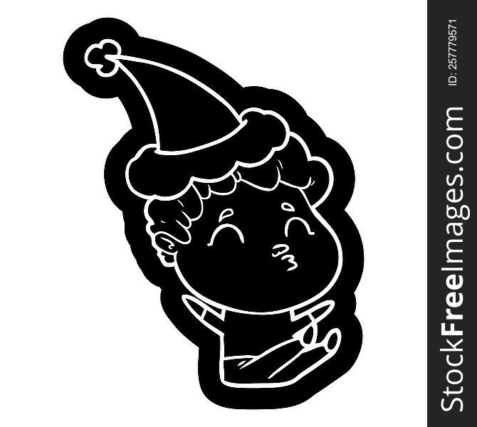 quirky cartoon icon of a man pouting wearing santa hat