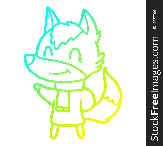 cold gradient line drawing friendly cartoon wolf in winter clothes