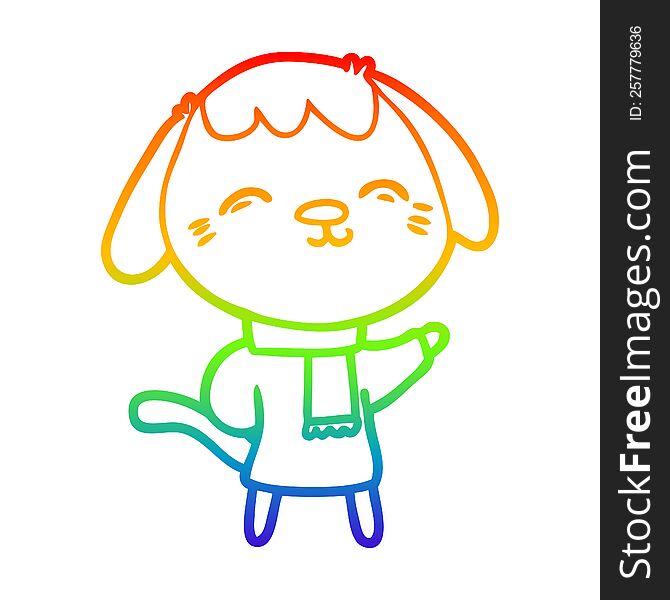 rainbow gradient line drawing of a happy cartoon dog in winter clothes