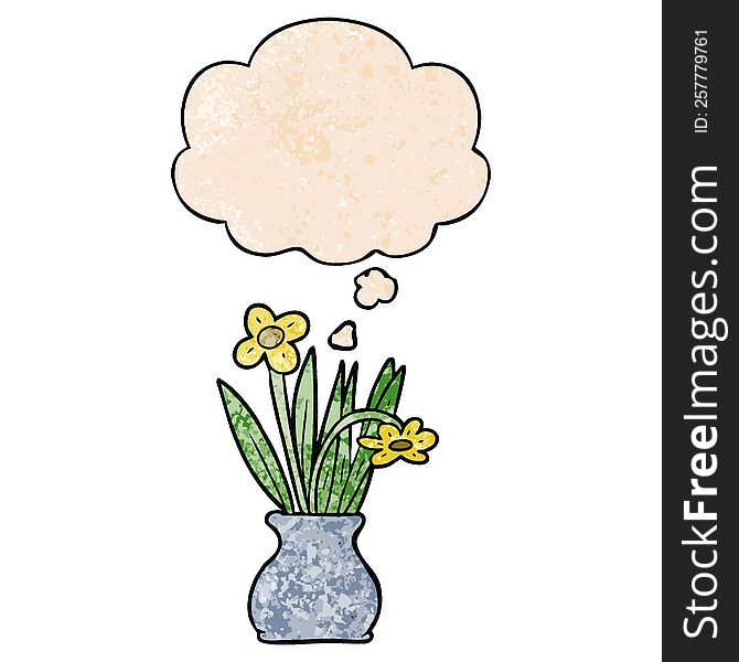 Cartoon Flower In Pot And Thought Bubble In Grunge Texture Pattern Style