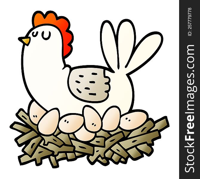 Vector Gradient Illustration Cartoon Chicken On Nest Of Eggs