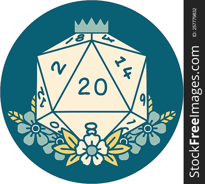 iconic tattoo style image of a d20. iconic tattoo style image of a d20