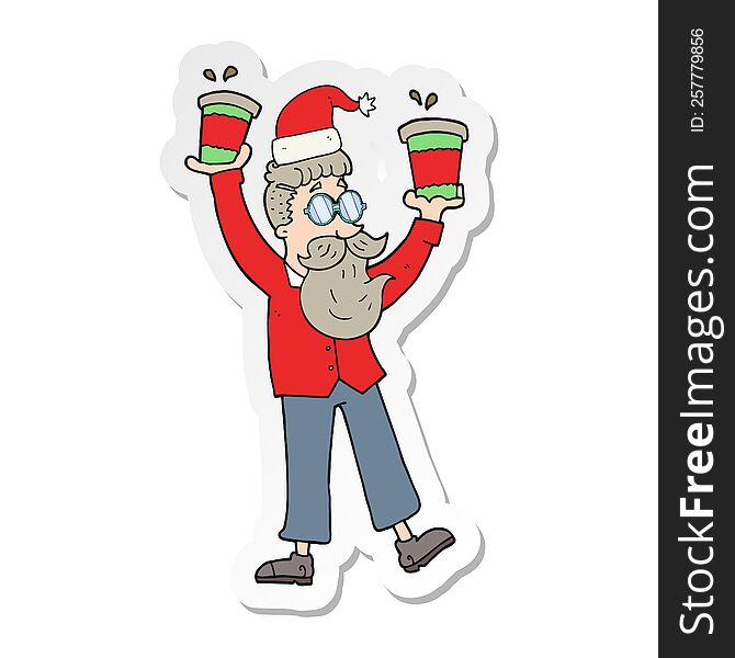 Sticker Of A Cartoon Man With Coffee Cups At Christmas