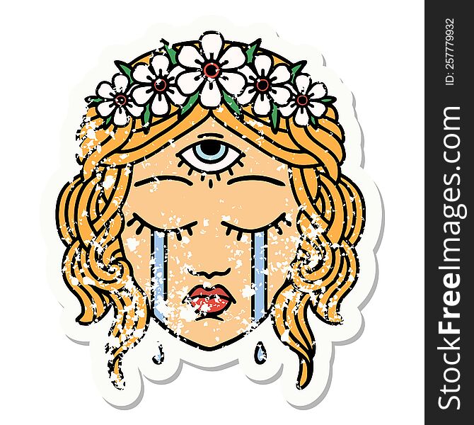 Traditional Distressed Sticker Tattoo Of Female Face With Third Eye Crying