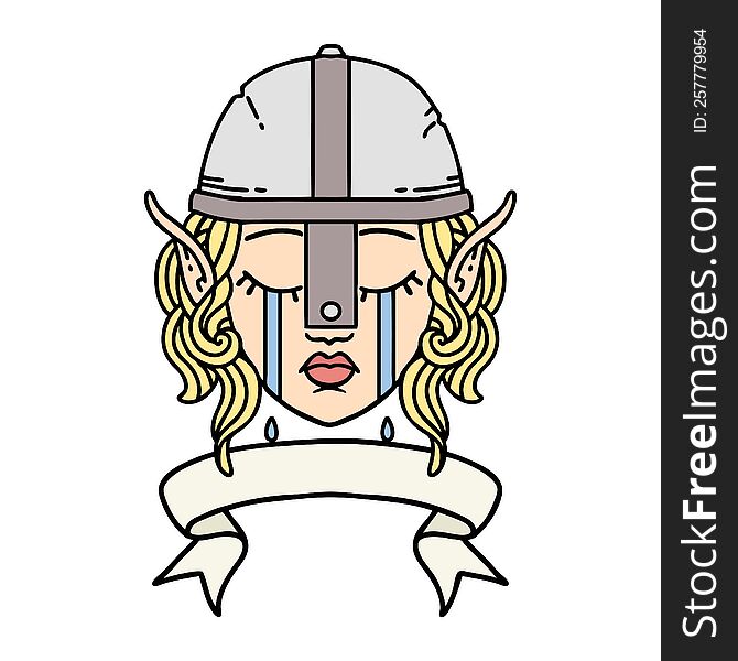 Crying Elf Fighter Character Face With Banner Illustration