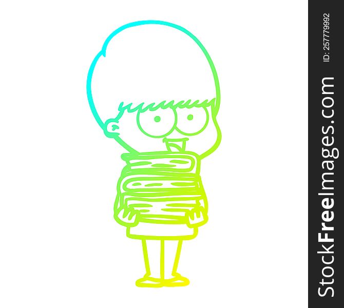 cold gradient line drawing of a happy cartoon boy holding books