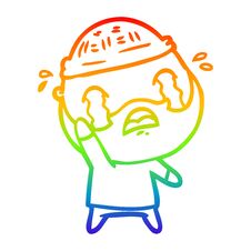 Rainbow Gradient Line Drawing Cartoon Bearded Man Crying Waving Goodbye Stock Images