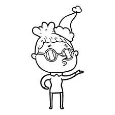 Line Drawing Of A Woman Wearing Glasses Wearing Santa Hat Stock Photo