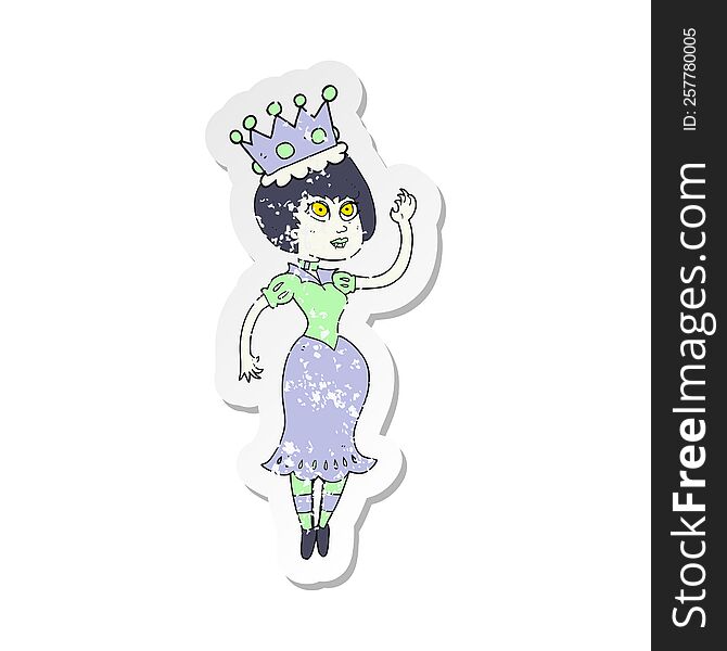 retro distressed sticker of a cartoon vampire queen waving