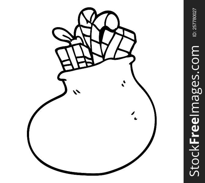 line drawing cartoon bag of christmas presents