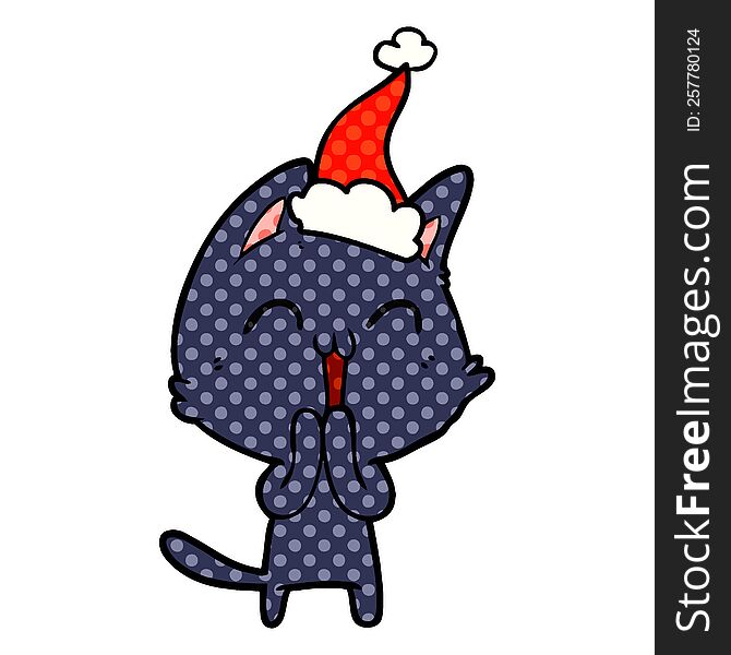 Happy Comic Book Style Illustration Of A Cat Wearing Santa Hat