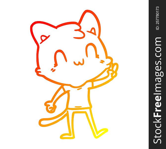 Warm Gradient Line Drawing Cartoon Happy Cat Giving Peace Sign