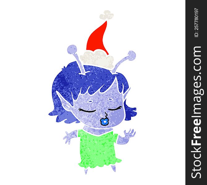 cute alien girl retro cartoon of a wearing santa hat