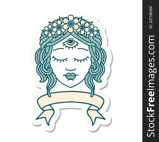 tattoo style sticker with banner of female face with third eye and crown of flowers. tattoo style sticker with banner of female face with third eye and crown of flowers