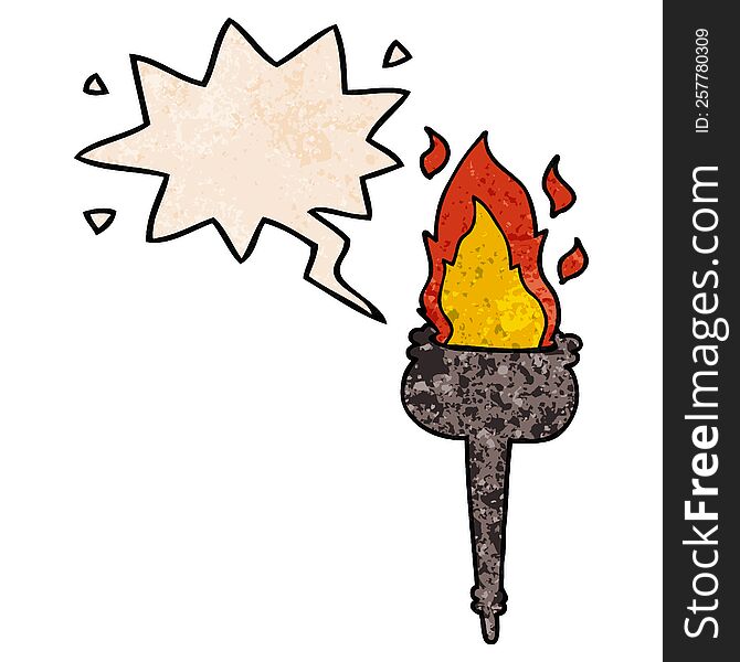cartoon flaming chalice with speech bubble in retro texture style