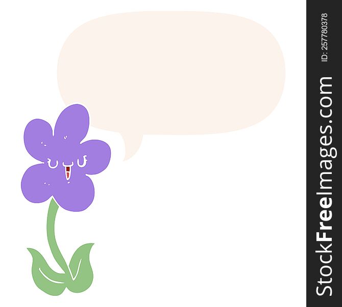 Cartoon Flower And Happy Face And Speech Bubble In Retro Style