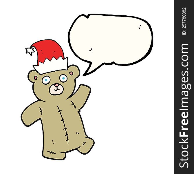 freehand drawn speech bubble cartoon teddy bear wearing christmas hat