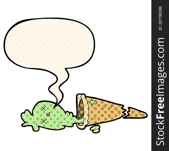 dropped cartoon ice cream with speech bubble in comic book style