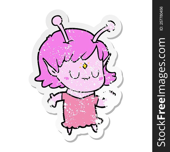 Distressed Sticker Of A Cartoon Alien Girl Dancing