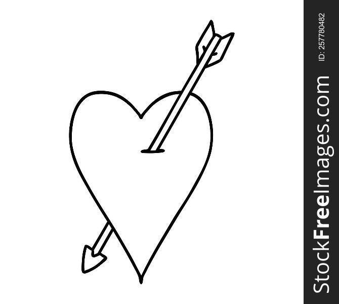 black line tattoo of an arrow and heart