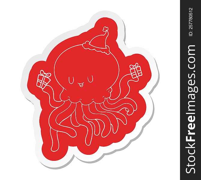 quirky cartoon  sticker of a jellyfish in love wearing santa hat