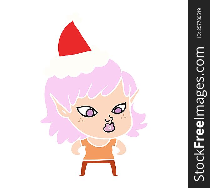 pretty hand drawn flat color illustration of a elf girl wearing santa hat. pretty hand drawn flat color illustration of a elf girl wearing santa hat
