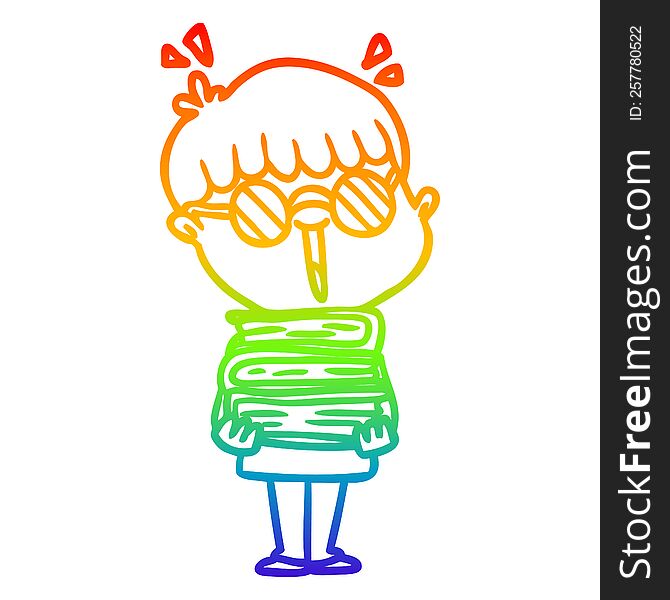 Rainbow Gradient Line Drawing Cartoon Boy With Amazing Books